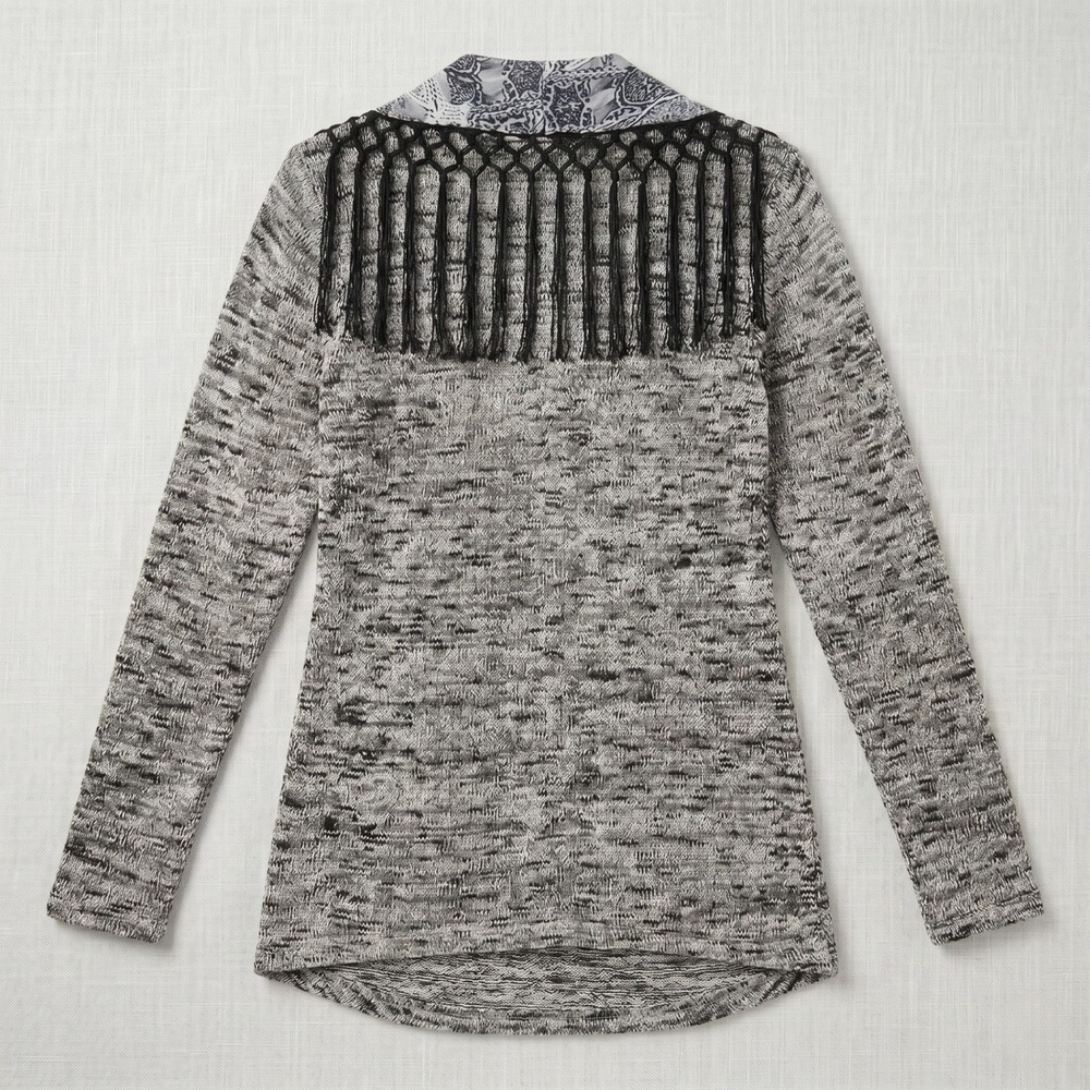 One World Fringe Scarf Top Womens Medium Gray Marled‎ Knit Boho Paisley Pullover - Picture 3 of 9